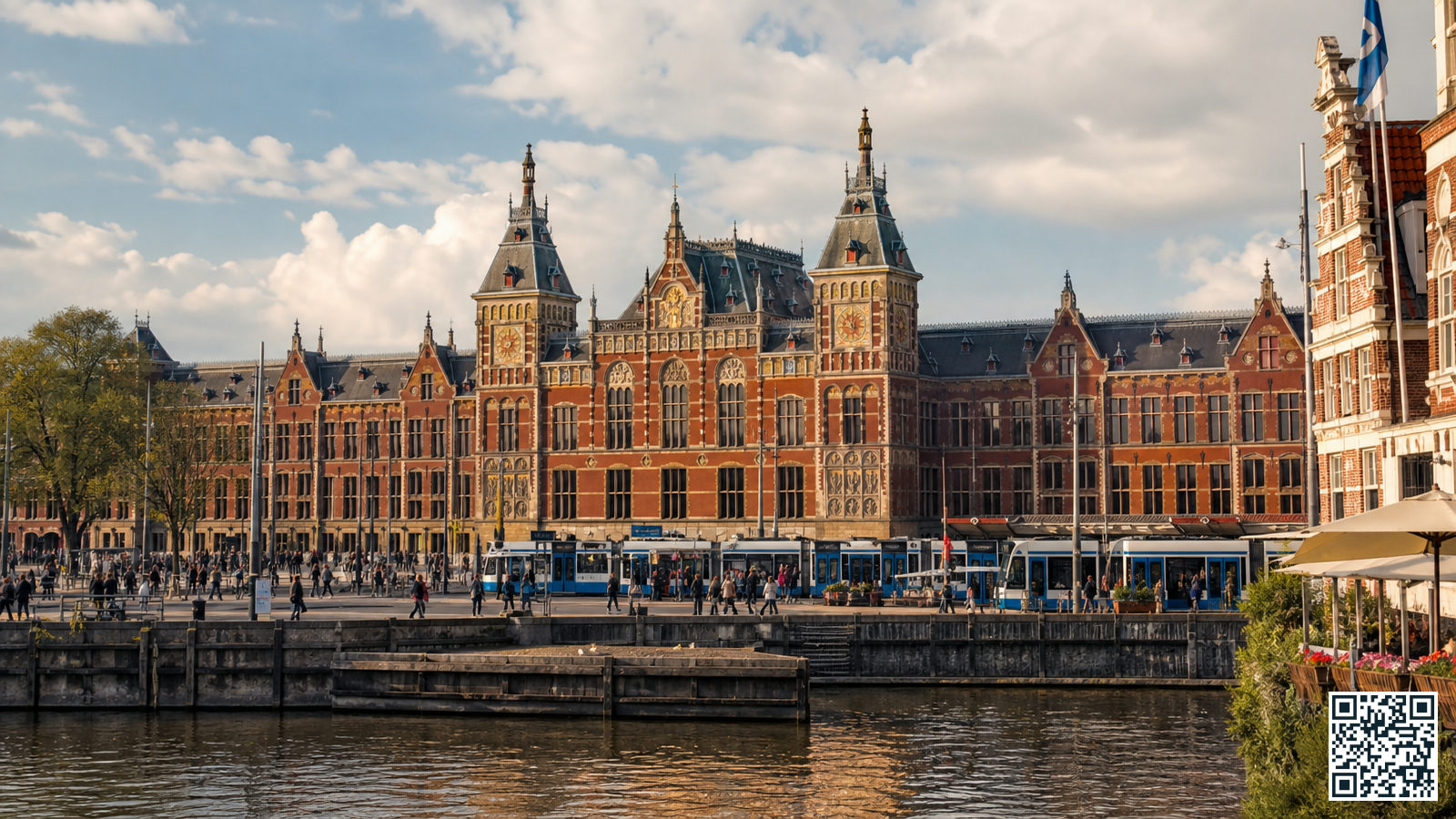 De neorenaissance gevel van Amsterdam Centraal Station gezien vanaf het Stationsplein