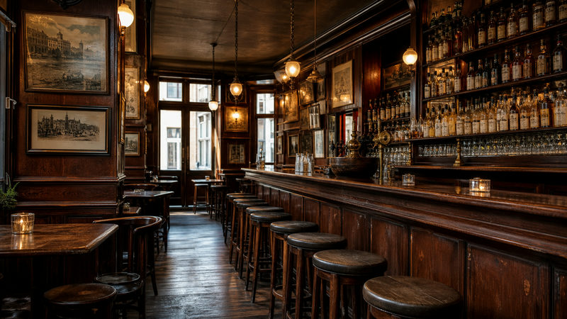 Interieur van een klassieke bruine kroeg in Amsterdam met houten toog, sfeervolle verlichting en jeneverflessen op de plank
