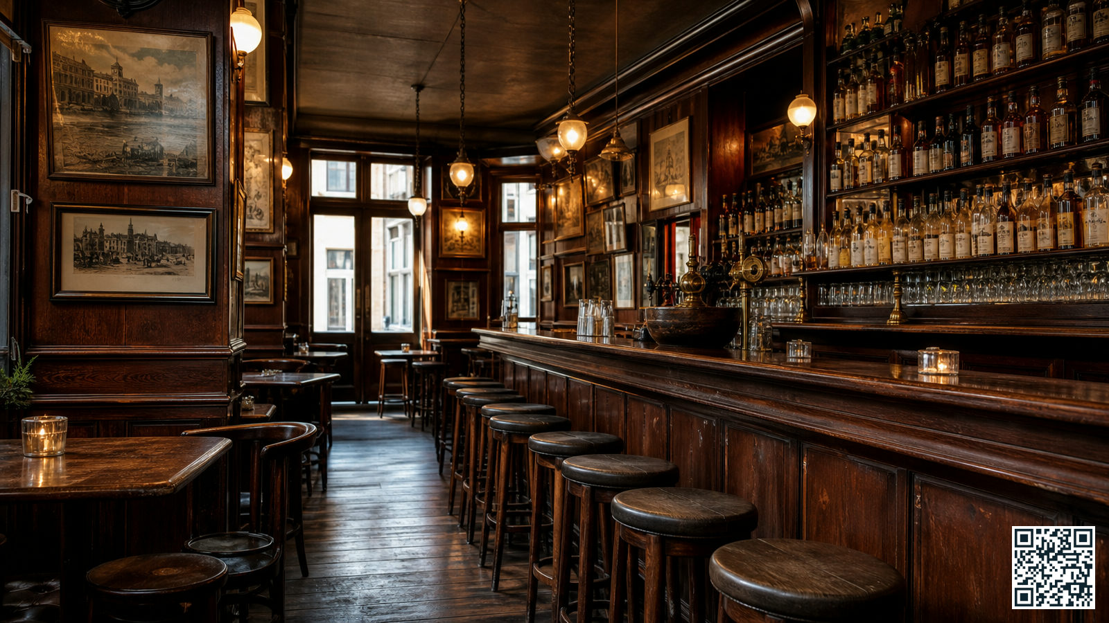 Interieur van een klassieke bruine kroeg in Amsterdam met houten toog, sfeervolle verlichting en jeneverflessen op de plank