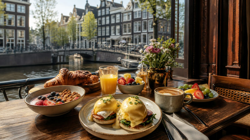 Uitgebreide brunch op een terras nabij Amsterdam Centraal Station met eggs Benedict, vers fruit en koffie