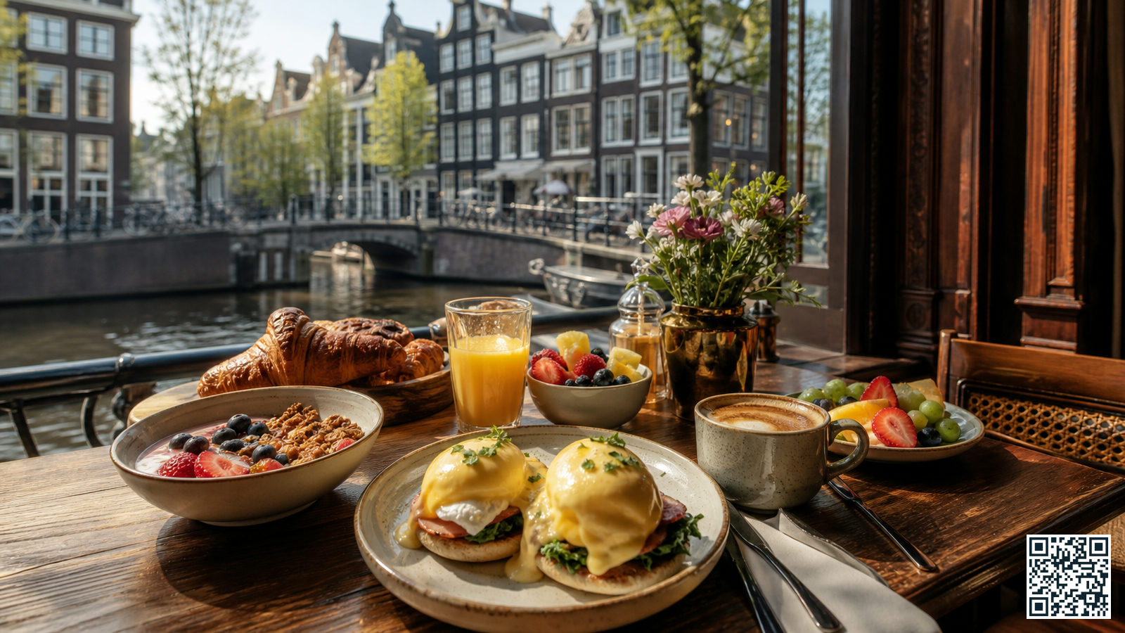 Uitgebreide brunch op een terras nabij Amsterdam Centraal Station met eggs Benedict, vers fruit en koffie