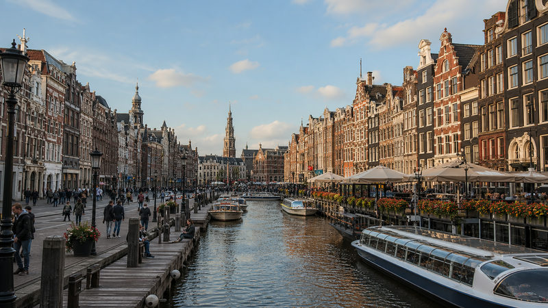 Het Damrak in Amsterdam met historische gevels en aanlegplaatsen voor rondvaartboten, gezien richting de Dam