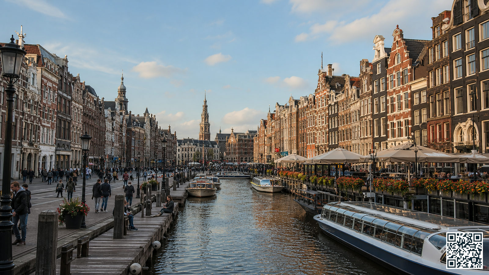 Het Damrak in Amsterdam met historische gevels en aanlegplaatsen voor rondvaartboten, gezien richting de Dam