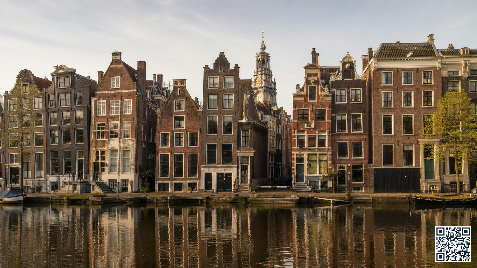 Scheve grachtenpanden aan het Damrak in Amsterdam, bekend als de Dansende Huizen, gezien vanaf de overkant van het water