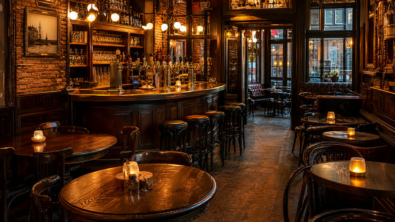 Gezellig interieur van een eetcafé in Amsterdam Centrum met houten meubels en kaarsen op tafel