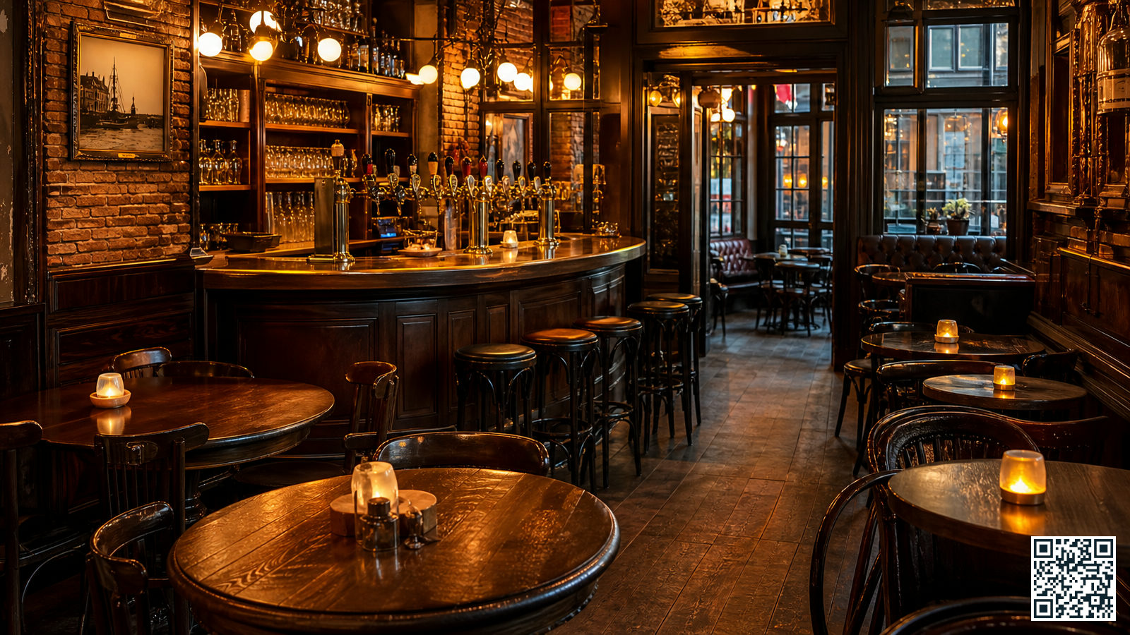 Gezellig interieur van een eetcafé in Amsterdam Centrum met houten meubels en kaarsen op tafel