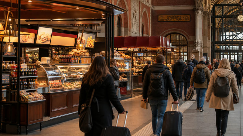 Fastfoodkramen en snackbars in de stationsomgeving van Amsterdam Centraal met reizigers die langslopen