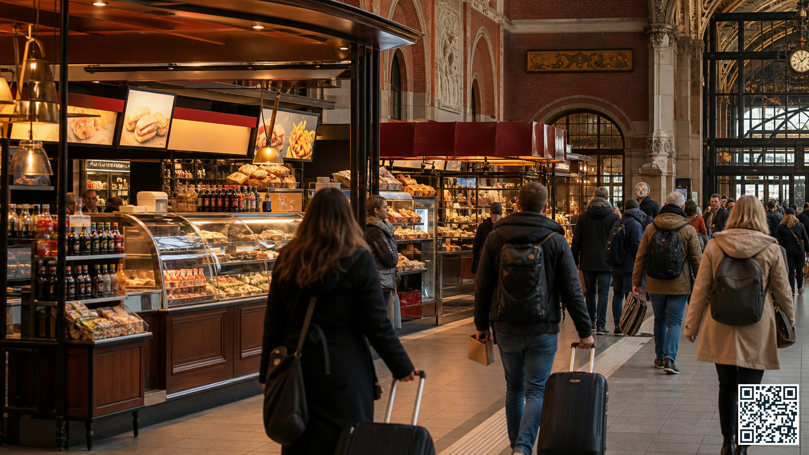 Fastfoodkramen en snackbars in de stationsomgeving van Amsterdam Centraal met reizigers die langslopen