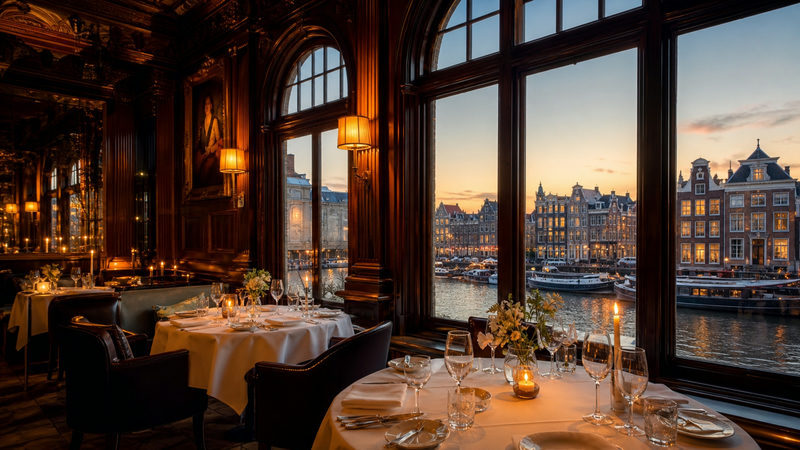 Chique restaurantzaal met gedekte tafels, kristallen glazen en kaarslicht nabij Amsterdam Centraal