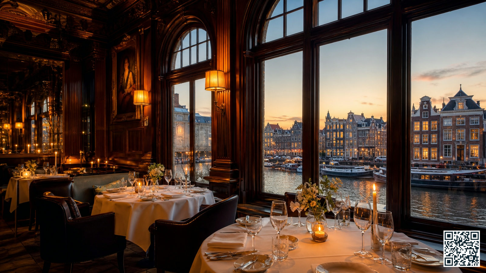 Chique restaurantzaal met gedekte tafels, kristallen glazen en kaarslicht nabij Amsterdam Centraal