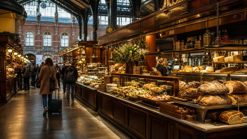 Kraampjes met versproducten en warme gerechten bij de Gourmet Market in Amsterdam Centraal Station