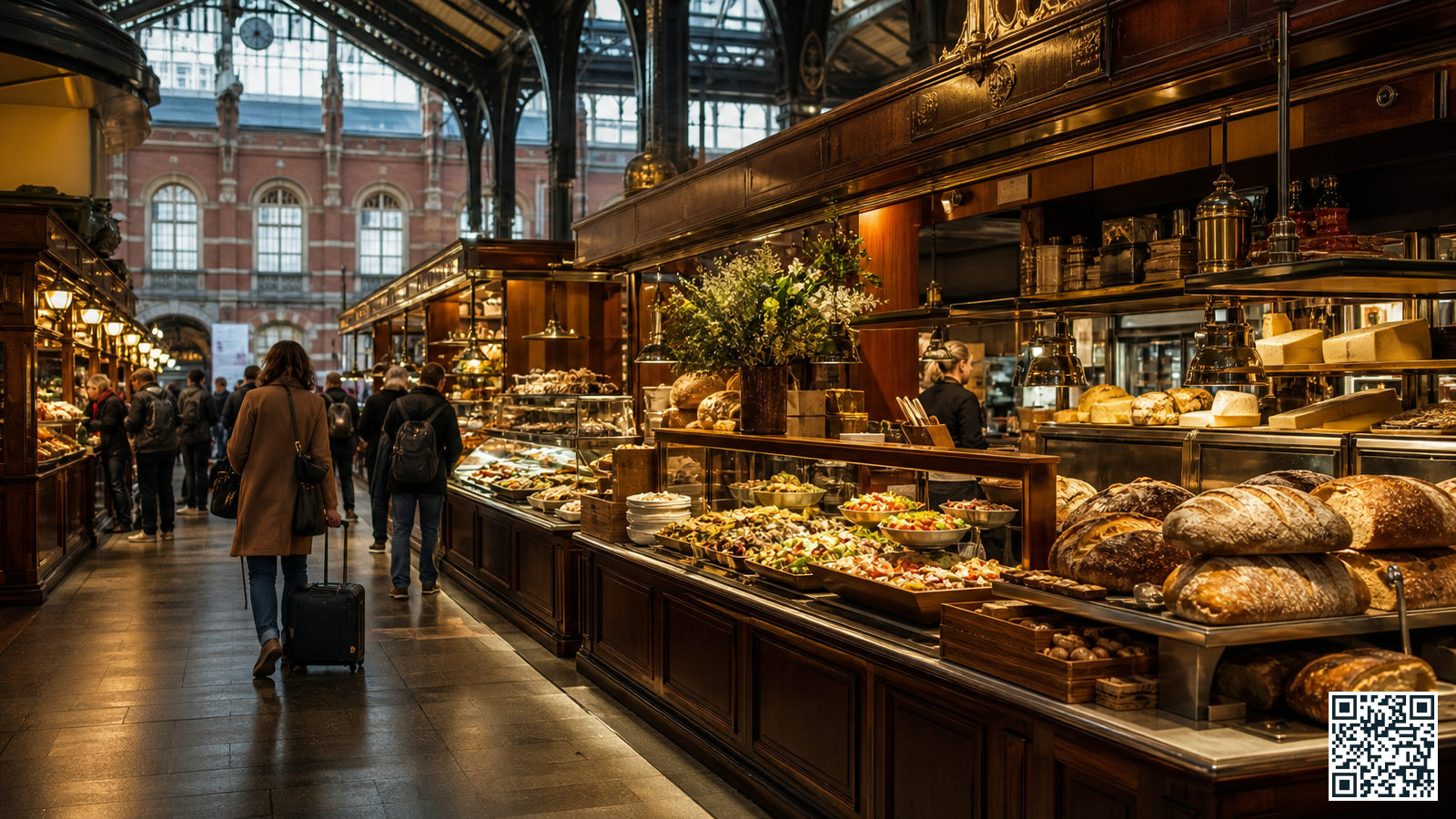 Kraampjes met versproducten en warme gerechten bij de Gourmet Market in Amsterdam Centraal Station