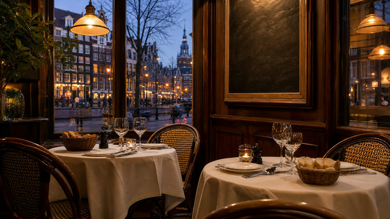 Interieur van een Franse bistro nabij Amsterdam Centraal met krijtbord en gedekte tafels