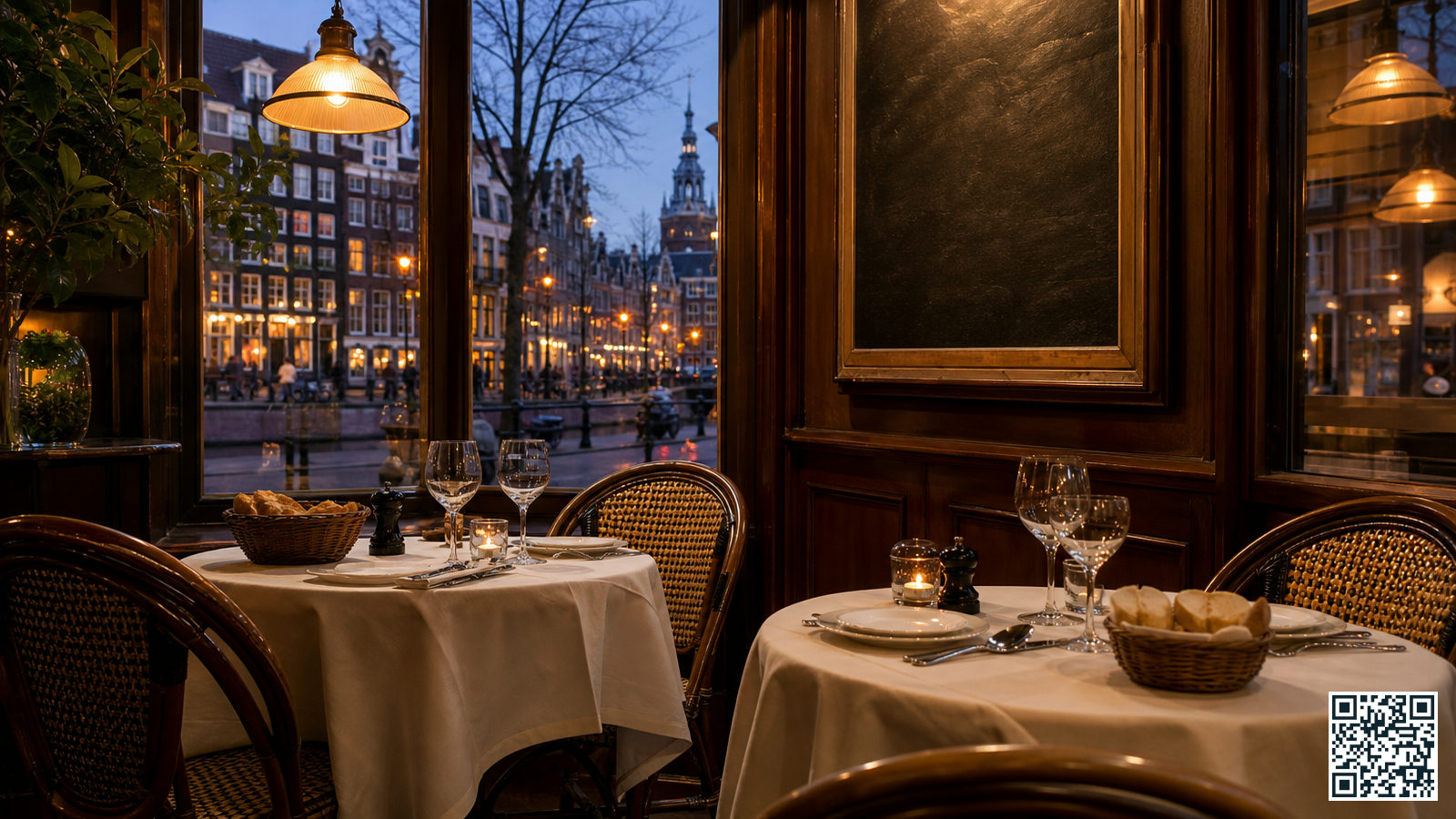 Interieur van een Franse bistro nabij Amsterdam Centraal met krijtbord en gedekte tafels