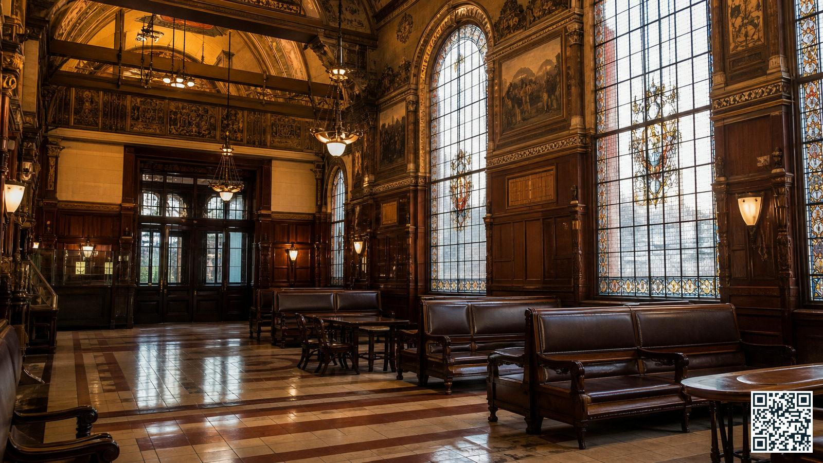 De monumentale Eerste Klas wachtkamer van Amsterdam Centraal met hoge plafonds en glas-in-loodramen