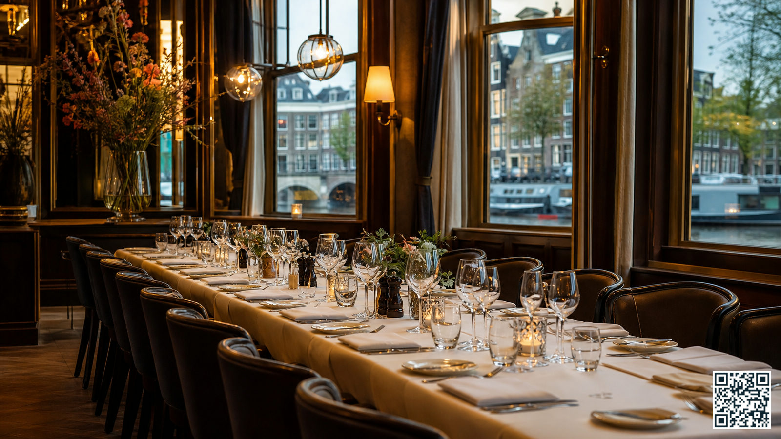 Gedekte tafel voor een groepsdiner in een ruim restaurant nabij Amsterdam Centraal