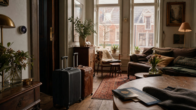 Ingepakte koffers bij de voordeur van een woning die klaargemaakt wordt voor een lange treinreis