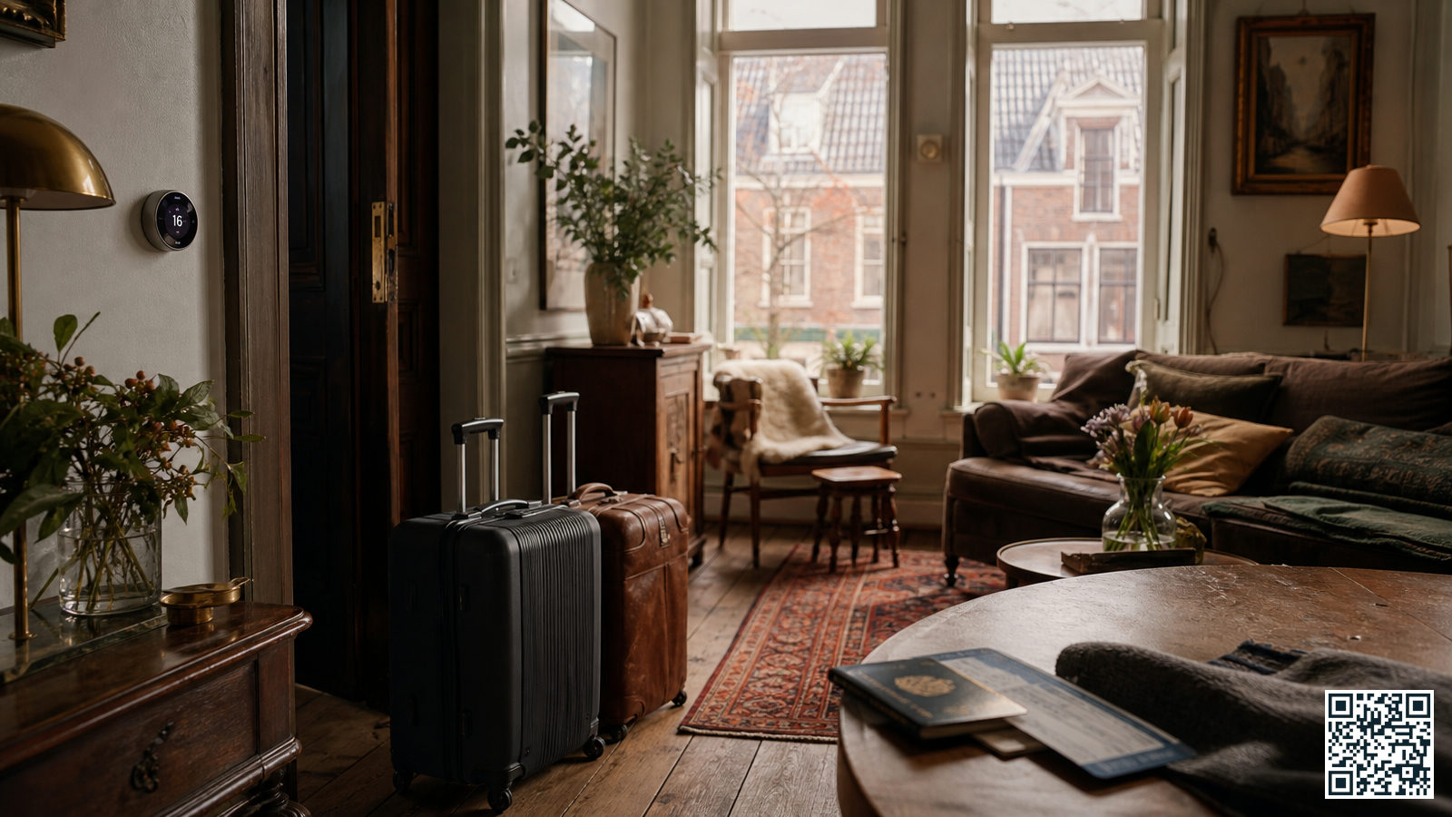 Ingepakte koffers bij de voordeur van een woning die klaargemaakt wordt voor een lange treinreis