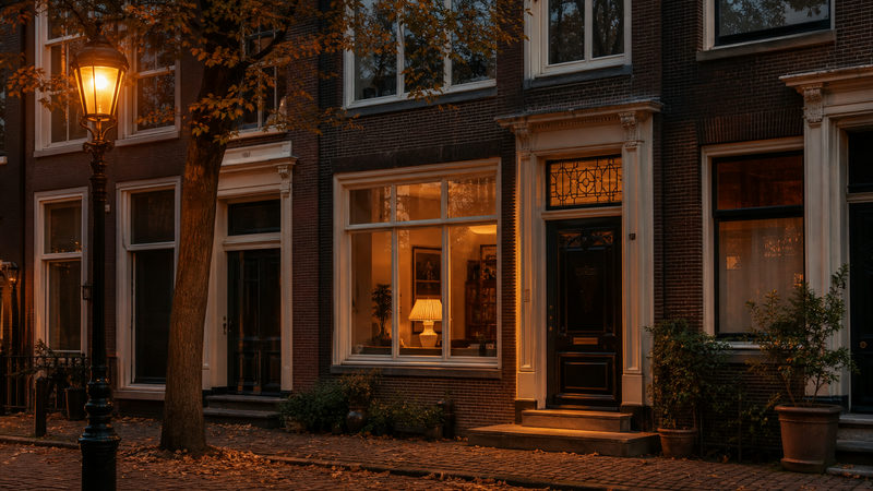 Een Nederlandse rijtjeswoning bij schemering met een lamp op tijdschakelaar, klaar achtergelaten voor een reis