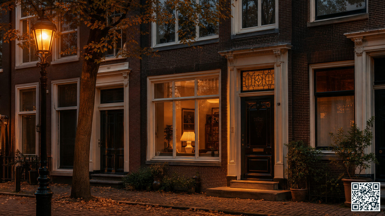 Een Nederlandse rijtjeswoning bij schemering met een lamp op tijdschakelaar, klaar achtergelaten voor een reis