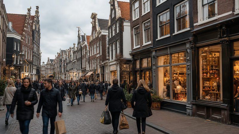 Drukke voetgangersstraat op de Kalverstraat in Amsterdam met historische gevels en winkelende bezoekers