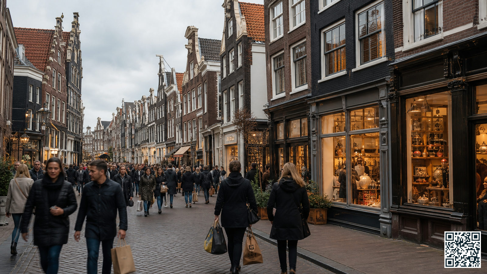 Drukke voetgangersstraat op de Kalverstraat in Amsterdam met historische gevels en winkelende bezoekers
