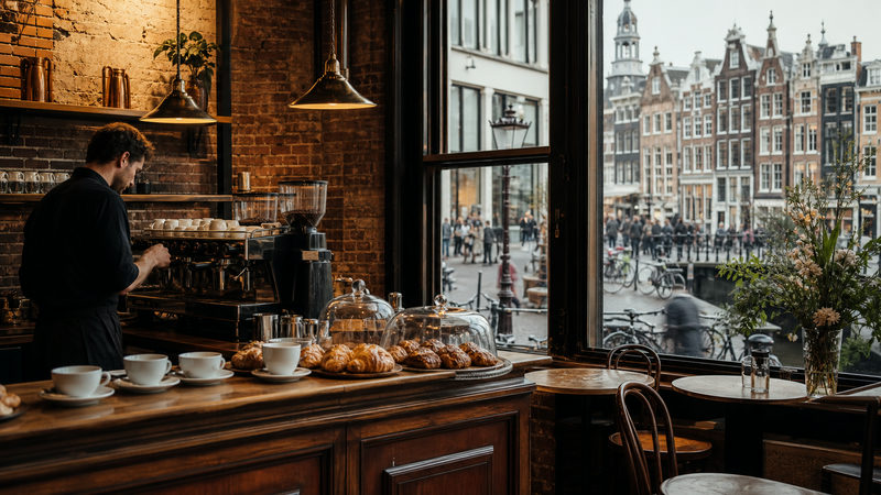 Speciality coffee bar op loopafstand van Amsterdam Centraal Station met espressomachine en vers gebak op de toonbank