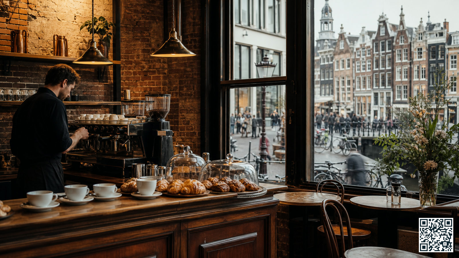Speciality coffee bar op loopafstand van Amsterdam Centraal Station met espressomachine en vers gebak op de toonbank