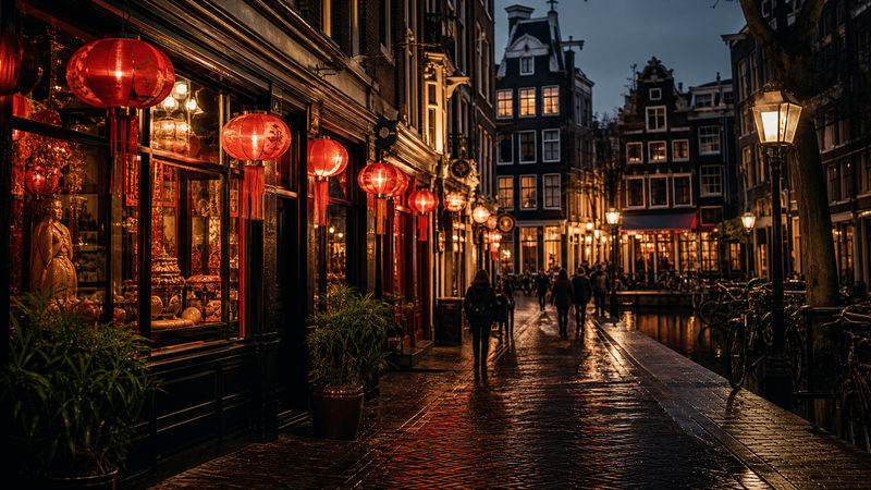 Verlichte eetgelegenheden op een late avond in een straat nabij Amsterdam Centraal Station