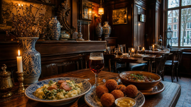 Interieur van een traditioneel Nederlands restaurant nabij Amsterdam Centraal met Delfts blauw aardewerk en klassieke Hollandse gerechten op tafel