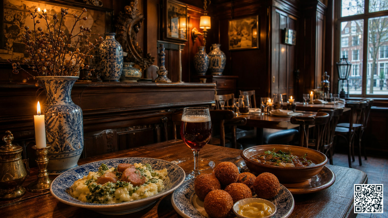 Interieur van een traditioneel Nederlands restaurant nabij Amsterdam Centraal met Delfts blauw aardewerk en klassieke Hollandse gerechten op tafel