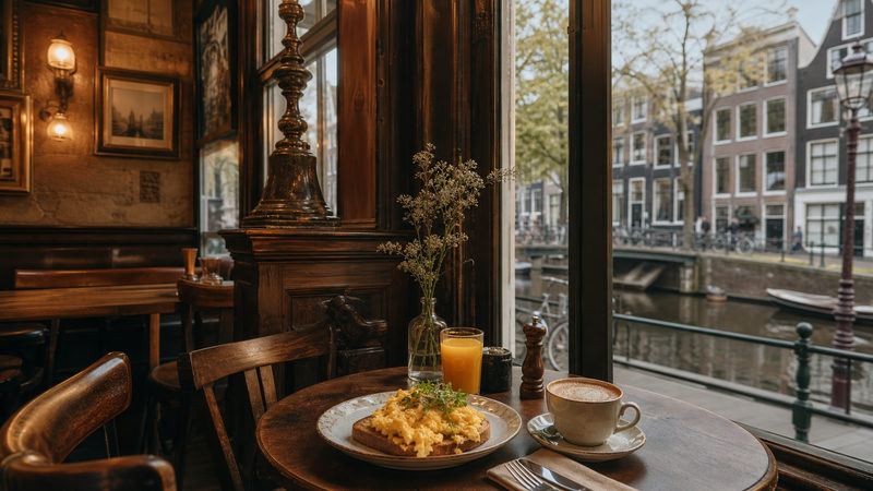 Ontbijttafel in een gezellig Amsterdams café met eieren op toast, sinaasappelsap en koffie, met zicht op een gracht door het raam