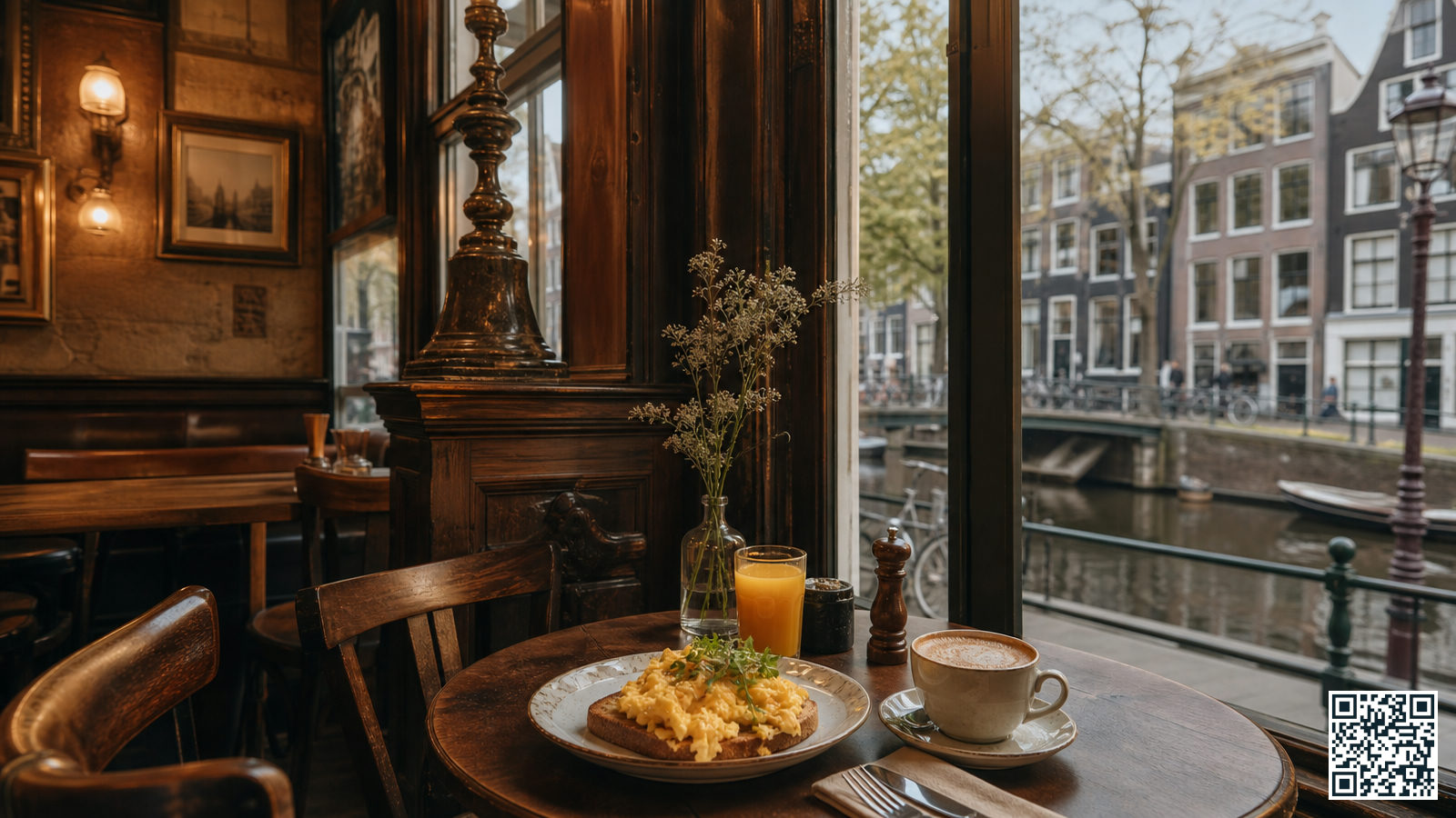 Ontbijttafel in een gezellig Amsterdams café met eieren op toast, sinaasappelsap en koffie, met zicht op een gracht door het raam