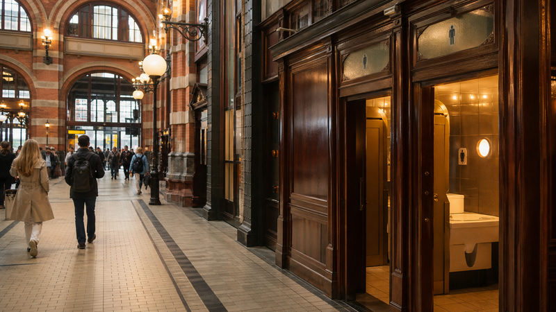 Bewegwijzering naar openbare toiletten in Amsterdam Centraal Station
