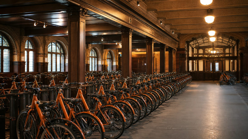 OV-fietsen geparkeerd in de bewaakte stalling bij Amsterdam Centraal Station