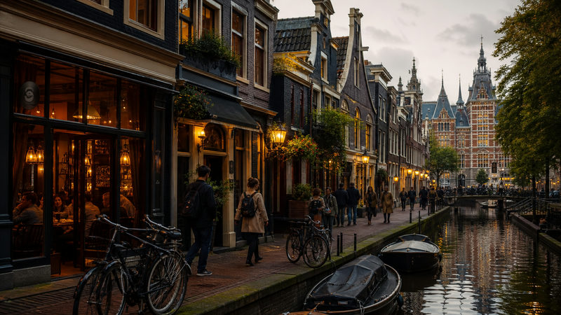 Sfeervolle restaurantgevel op de Haarlemmerstraat in Amsterdam met verlichte etalage en Amsterdamse grachtenpanden
