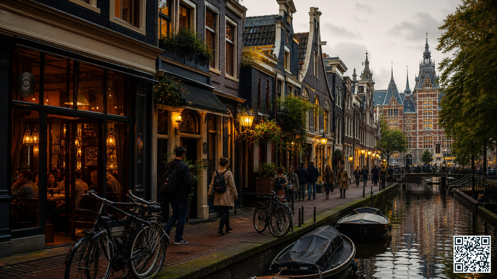 Sfeervolle restaurantgevel op de Haarlemmerstraat in Amsterdam met verlichte etalage en Amsterdamse grachtenpanden