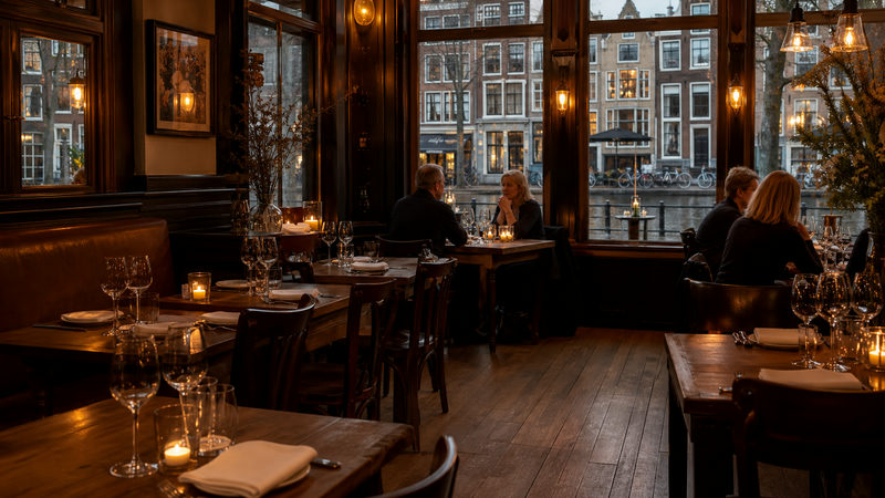 Gezellig restaurant bij Amsterdam Centraal dat ook op maandag open is, met warm verlichte tafels en uitzicht op een Amsterdamse gracht