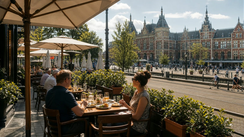 Restaurant met terras op loopafstand van Amsterdam Centraal Station op een zonnige dag
