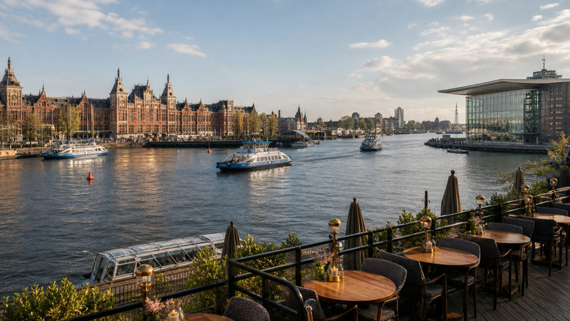 Panoramisch uitzicht over het IJ bij Amsterdam Centraal, met veerboten en een terras op de voorgrond