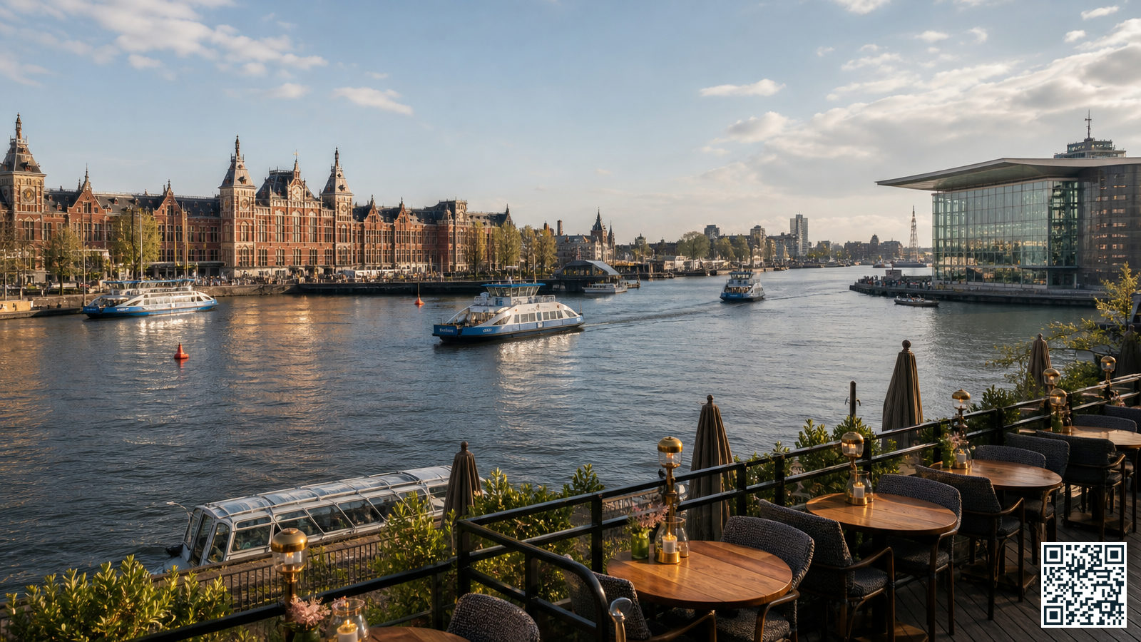 Panoramisch uitzicht over het IJ bij Amsterdam Centraal, met veerboten en een terras op de voorgrond