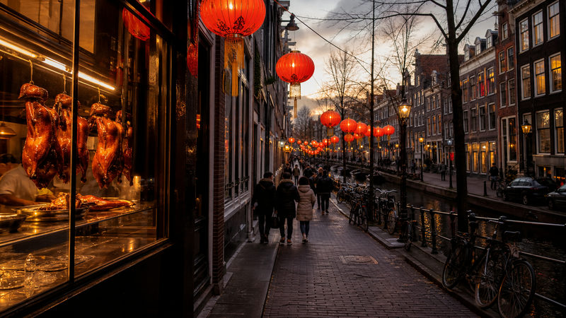 Zeedijk in Amsterdam met Chinese restaurants, rode lantaarns en neonreclames in het avondlicht