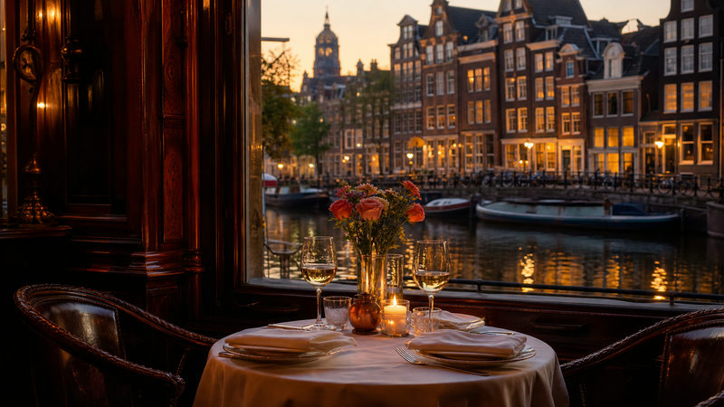 Romantisch gedekte tafel voor twee met kaarslicht en uitzicht op een verlichte Amsterdamse gracht