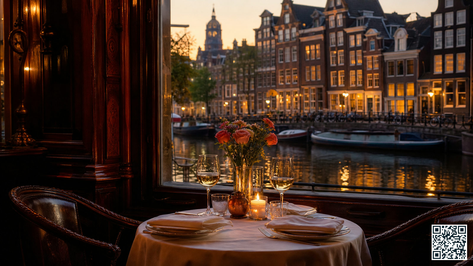 Romantisch gedekte tafel voor twee met kaarslicht en uitzicht op een verlichte Amsterdamse gracht