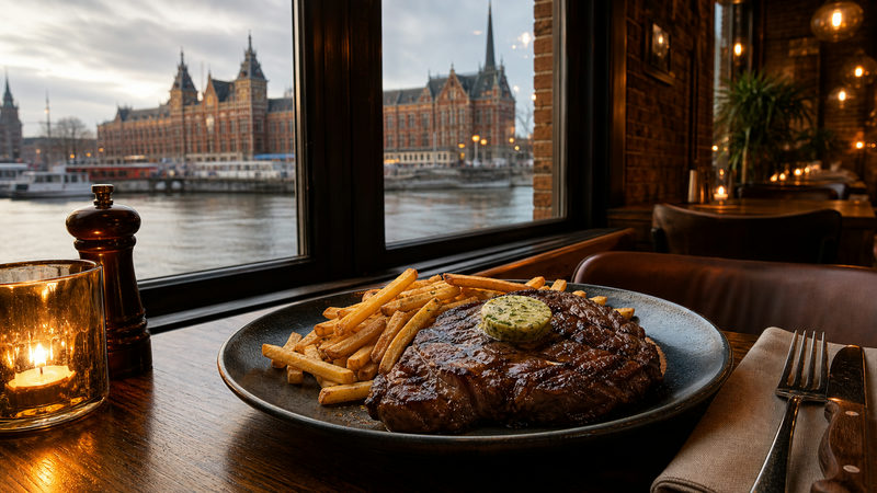 Gegrilde ribeye met kruidentboter en friet op een bord in een steakhouse nabij Amsterdam Centraal Station