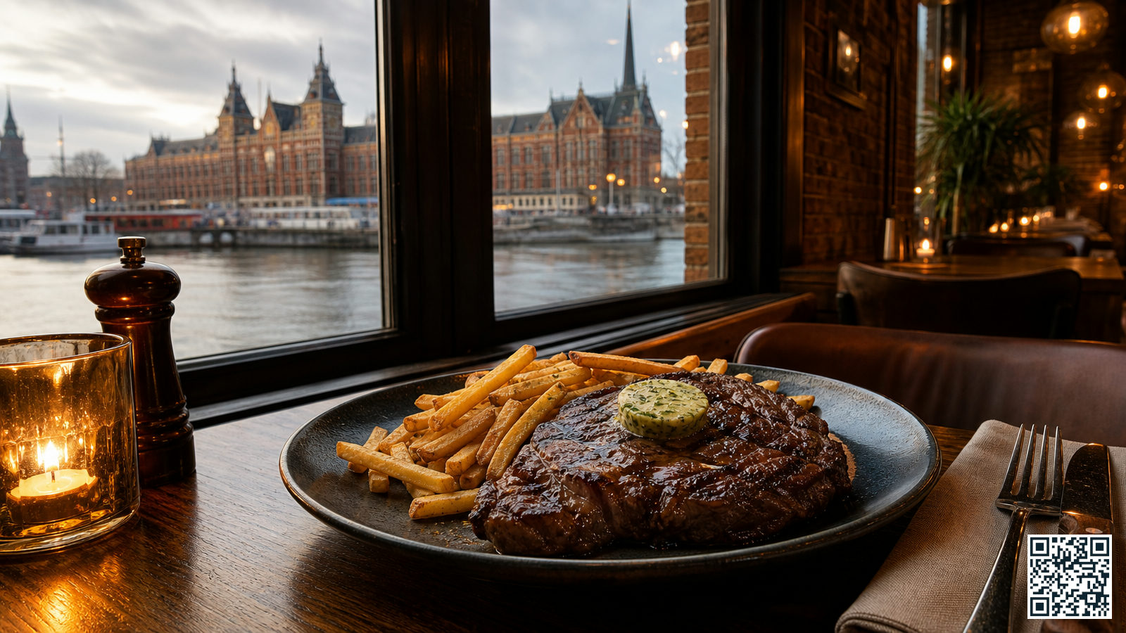 Gegrilde ribeye met kruidentboter en friet op een bord in een steakhouse nabij Amsterdam Centraal Station