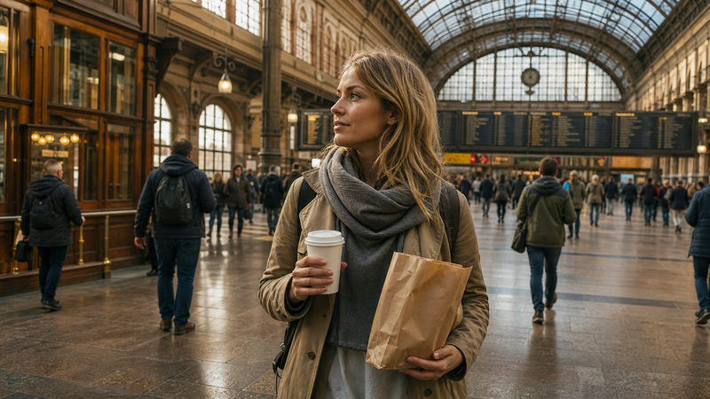 Reiziger met koffie to go en afhaalzakje met eten in de hal van een druk treinstation