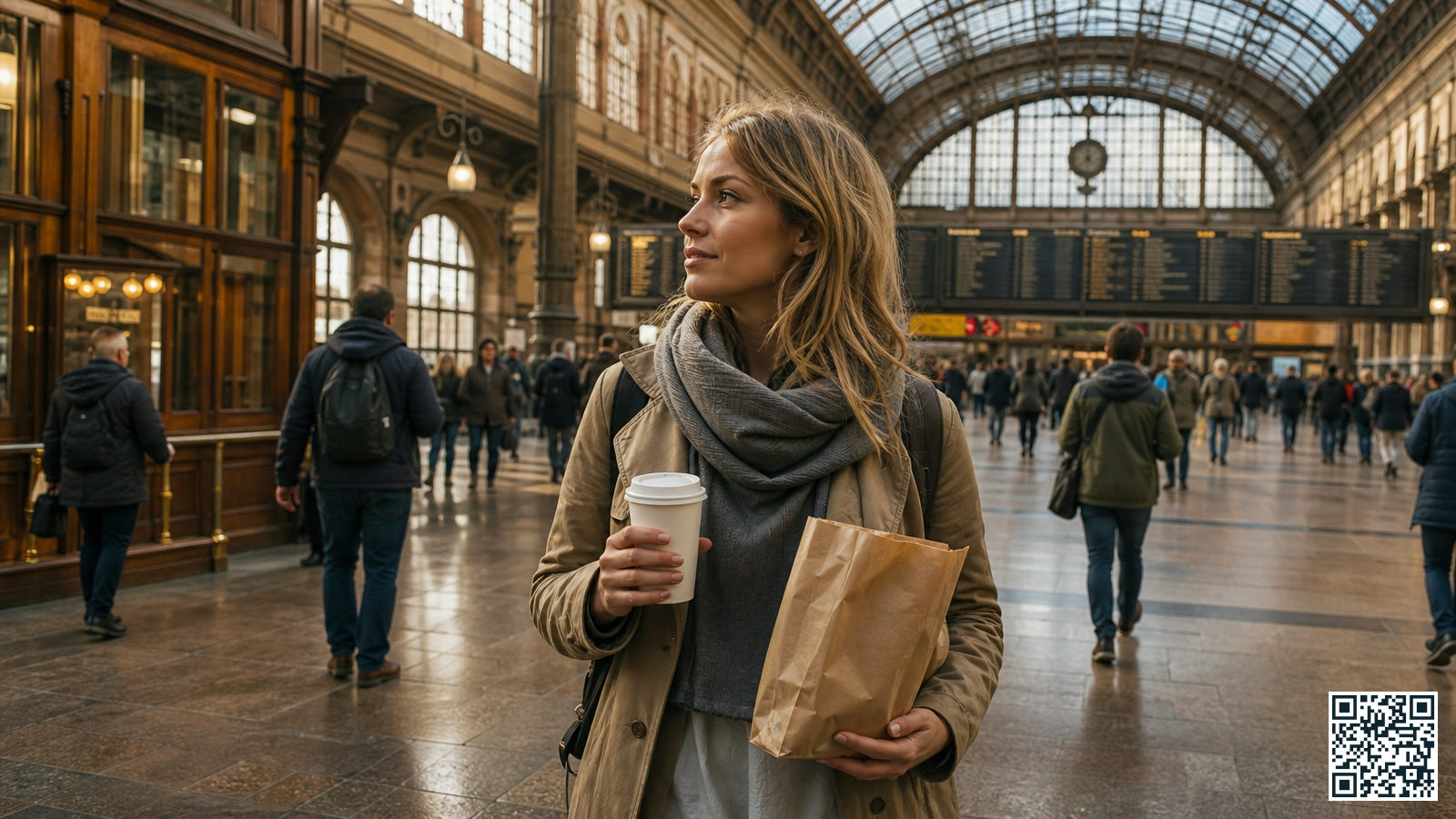 Reiziger met koffie to go en afhaalzakje met eten in de hal van een druk treinstation
