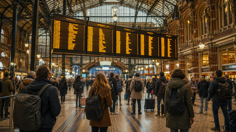 Reizigers kijken naar het vertrekbord bij een treinstoring op Amsterdam Centraal