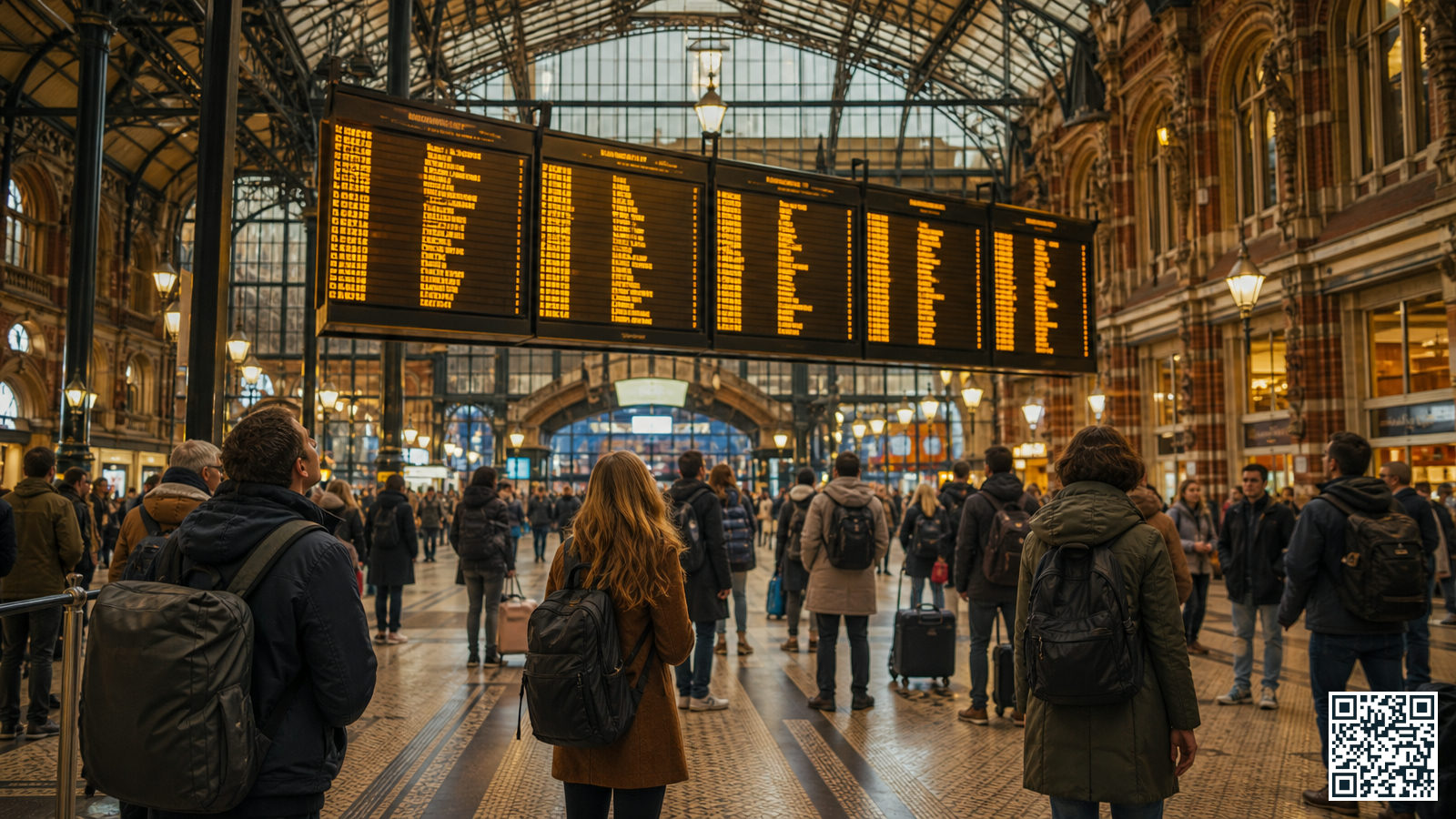 Reizigers kijken naar het vertrekbord bij een treinstoring op Amsterdam Centraal